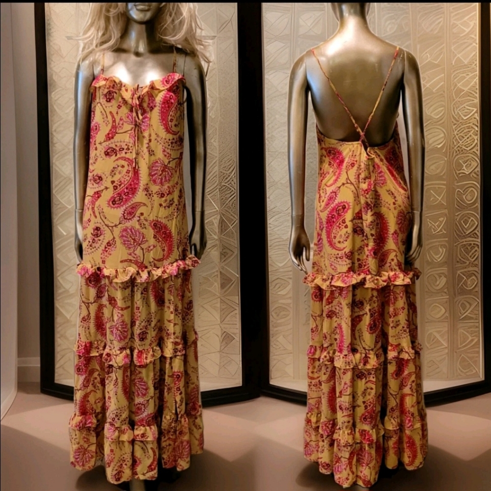 NWT Romantic Paisley Print Crisscross Backless Layered Hem Maxi Dress Sz M - Picture 4 of 14